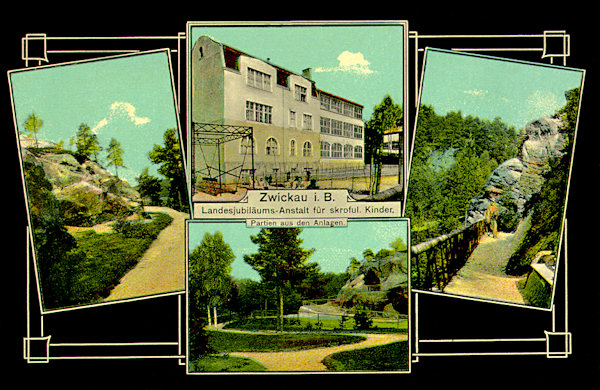 A postcard with the children's hospital at Cvikov and the surrounding area.