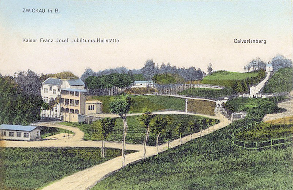 Auf dieser Ansichtskarte aus dem Jahr 1912 sieht man das Areal der damaligen Kaiser Franz Josef Jubiläums-Heilstätte) mit dem Kalvarienberg im Hintergrund.