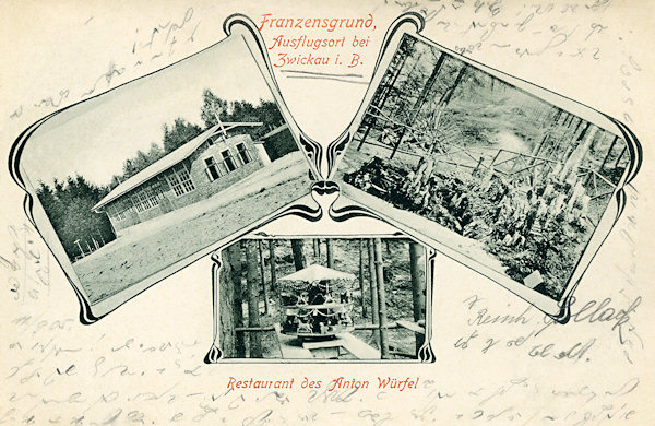 Auf dieser Ansichtskarte vom Anfang des 20. Jahrhundert sieht man Anton Würfels Restaurant und zwei weitere Bildchen aus dem beliebten Ausflugsziel im Františkovo údolí (Franzensgrund) unter dem Kalvárie-Berg (Kalvarienberg).