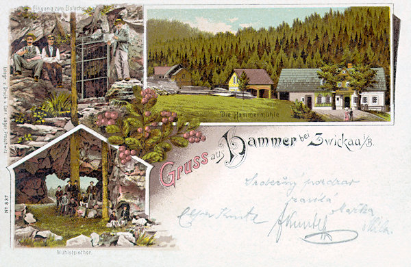 On this lithograph from 1903 at the upper left is the entrance of the ice cave and below the rock gate of the Milštejn castle ruin. On the left in the foreground is the inn „Hammermühle“ and a barn and in the backgroung the old mill. From these three buildings at present only the barn in the centre is preserved.