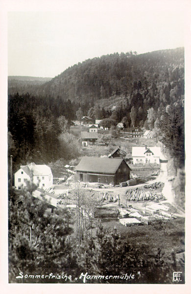 On this picture postcard from betweet the World Wars we see the village of Hamr with the former lower sawing-mill as seen from the southeast.