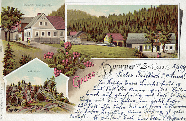 This picture postcard from the end of the 19th century shows the former inn „Zur Hammermühle“ only without of the later built summer veranda. On the lower foto there ist the rocky massif of the Milštejn ruin.