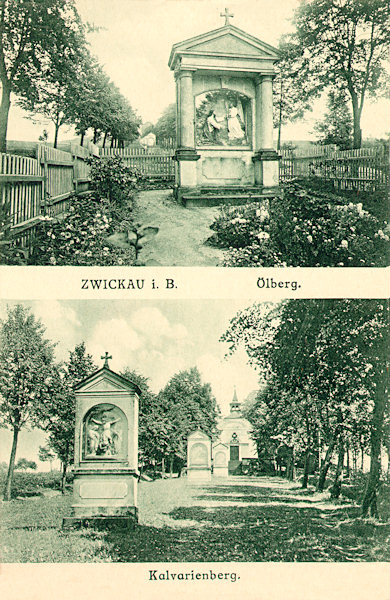 On this postcard there are the Stations of the Cross at Cvikov. On the upper picture is the first chapel with the relief „Christ at the Calvary“, the lower showing the stone Stations of the Cross  with the Chapel of the Holy Grave in the background.