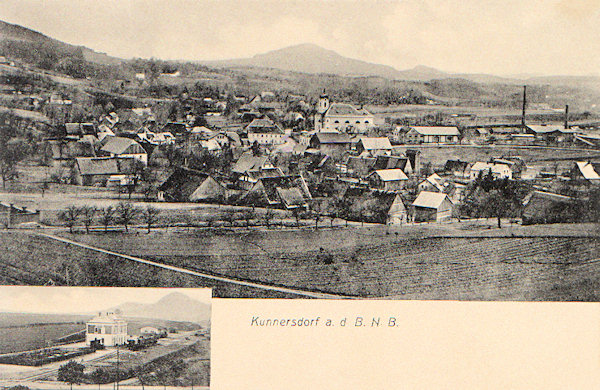 Tato pohlednice z počátku 20. století zachycuje Kunratice ze svahu vrchu Klobouk. Ve výřezu dole vidíme kunratické nádraží, otevřené 7. října 1905.