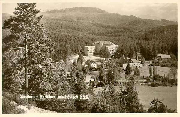 Na této pohlednici vidíme okolí plicního sanatoria v Martinově Údolí z Bartelova vrchu. Vpravo před novou léčebnou z roku 1932 stojí budova původních parních lázní.
