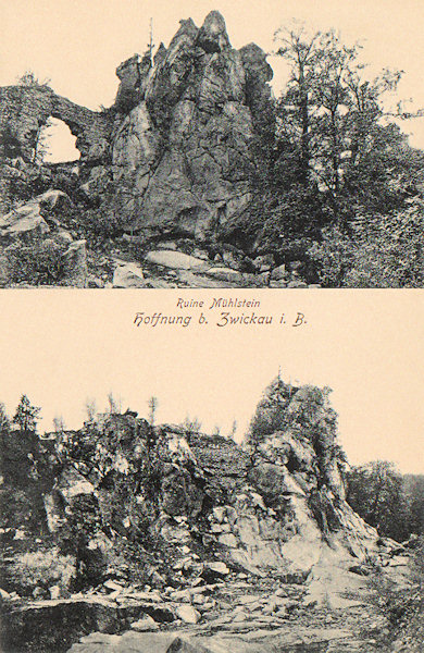Na této pohlednice vidíme skalní masiv se zbytky hradu Milštejna nedlouho po ukončení těžby kamene v roce 1910. Na horním obrázku je zachycena původní hradní brána, která se později zřítila. Dnes je již celý hřbet zakrytý vzrostlým lesem.