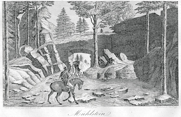 Romantická kresba hradu Milštejna z 1. poloviny 19. století zachycuje dnes již neexistující vstupní bránu na západní straně hradu.