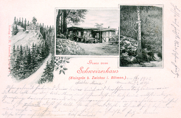 Auf dieser Ansichtskarte von 1902 sieht man das ehemalige Gasthaus „Schweizerhaus“, das am Südosthange des Berges oberhalb von Drnovec (Kleingrün) stand. Nach 1945 ging es ein und bis heute hat sich von ihm nur noch ein Keller erhalten.