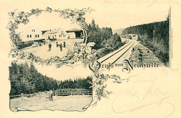 Litografie z konce 19. století zachycuje zájezdní hostinec na Nové Huti a železniční trať z České Lípy do Rumburka, která zde dosahuje svého nejvyššího bodu. Zašlá kolej vpravo byla zřízena v roce 1884 kvůli nakládce dřeva z okolních lesů.