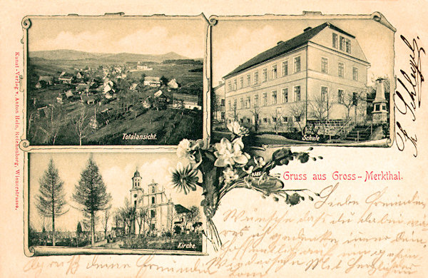 Na pohlednici Mařenic z roku 1902 je vlevo nahoře celkový pohled z Kalvárie, vpravo vidíme budovu školy s válečným pomníkem v popředí a dole je kostel sv. Máří Magdaleny, obklopený hřbitovem.