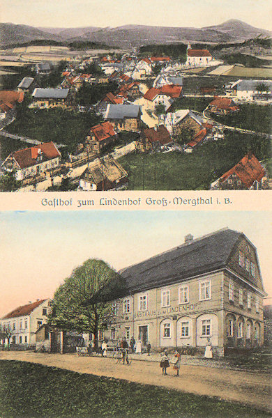 Na této pohlednici vidíme pod typickým celkovým pohledem na obec výstavnou budovu Oppitzova hostince „Zum Lindenhof“ č.p. 17, který stál v hlavní ulici nedaleko školy. Hostinec v roce 1947 částečně vyhořel a později byl stržen.