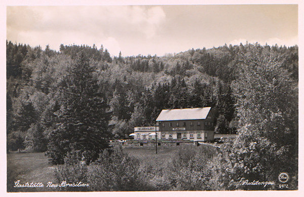 On this picture postcard the former boarding-house 'Neu-Brasilien' is shown which had been opened on the foot of the Luž hill over Dolní Světlá in 1929. After World War Two  the house also served as holiday resort but after the establishment of the border zone in the 2nd half of the 50s it had been demolished.
