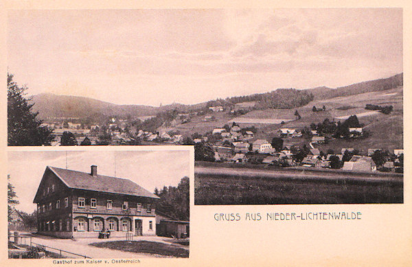On this picture postcard in the cutout under the overall view of the village we see the former restaurant „Zum Kaiser von Österreich“ (Emperor of Austria), which stood on its northern end. In the 30s it was called „Lindenhof“, after 1945 some time it was used as military dormitory and in the 50s along with the other houses standing in the border zone it was demolished.