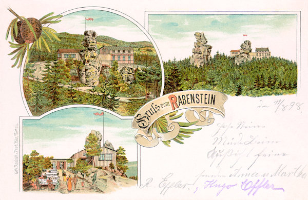 On this lithograph from 1898 there is the now extinct, formerly much frequented hiker's inn at the Krkavčí kameny (Raven's stones) near Dolní Světlá. The two rock columns are looking like men's heads.