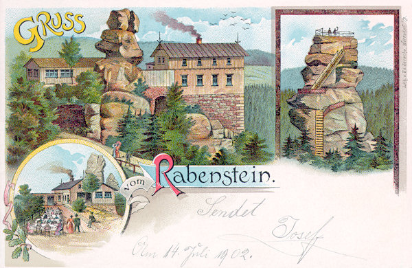 This lithography shows the inn on the Krkavčí kameny (=Raven rocks) in its older appearance from about 1902. On the right side, already on German ground, stands the rock tower Falkenstein (Falcon's stone) on the peak of which in 1880 a view point had been constructed.