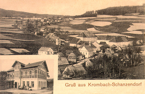 Diese Ansichtskarte zeigt das Ortszentrum von Krompach (Krombach) und im Ausschnitt unten das nicht mehr bestehende Gasthaus „Forsthaus“.