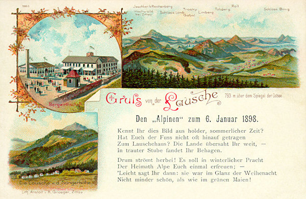 Pohlednice z roku 1897 zachycuje Luž z německé strany hor a bývalý hostinec na vrcholu kopce. Obrázek vpravo nahoře představuje výhled z vrcholu směrem do Čech: vlevo na obzoru je Ještěd, před ním plochý Hvozd s rozhlednou, uprostřed tři výrazné vrcholy - nejbližší Jezevčí vrch, Tlustec a vzdálenější Ralsko a vpravo na obzoru dvojice vrcholů Velkého a Malého Bezdězu. Veršovaný text vybízel k návštěvě restaurace na svátek Tří králů v roce 1898.