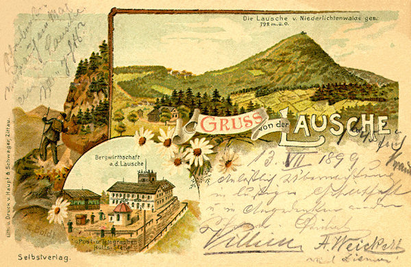 Na pohlednici z roku 1899 vidíme horu Luž od Dolní Světlé. Dolní obrázek zachycuje bývalý hostinec na vrcholu.