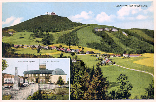 Na této pohlednici vidíme hraniční hřeben Luže nad Waltersdorfem ze severovýchodní strany od Hofebergu. Na odlesněném výběžku vpravo jsou vidět staré pískovcové lomy. Ve výřezu dole je restaurace na vrcholu Luže.