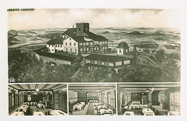 Tato pohlednice zachycuje bývalý hostinec na vrcholu Luže s výhledem do Německa. Menší obrázky dole představují interiér hostince.