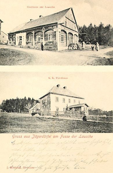 This picture postcard from the beginning of the 20th century shows in the upper picture the restaurant „Zur Lausche“, which later was substantially rebuild and serves its original purpose up to recent years. In the lower picture we see the gamekeeper´s house standing on a lower place.