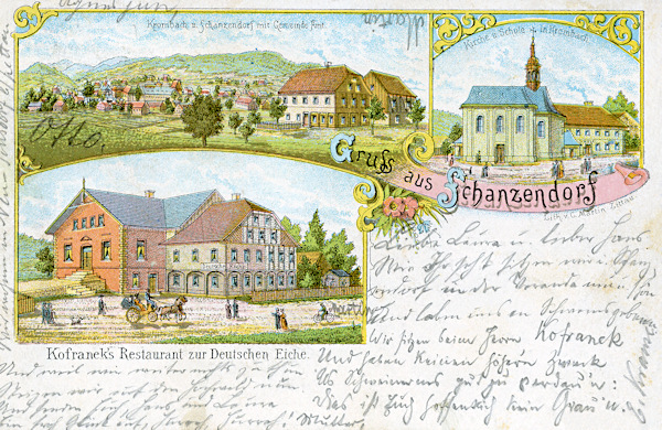 This lithography from the end of the 19th Century shows an overall view of the village Krompach as seen from the foot of Hvozd hill with the church of the Fourteen Saint Assistants and the former schoolhouse. The village Valy is represented only by the lower smaller picture showing the now already not existing inn „Zur deutschen Eiche“ (German Oak).