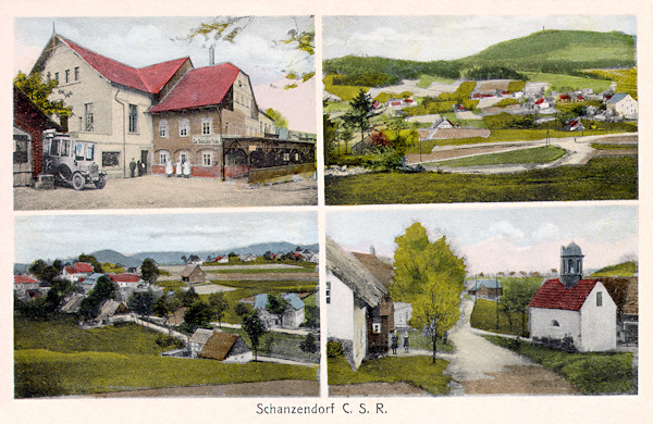Diese Ansichtskarte stellt die Ansiedlung Valy (Schanzendorf) dar: die beiden Ansichten des höheren Teiles des Dorfes ergänzt das ehemalige Gasthaus „Zur deutschen Eiche“ (links oben) und die abgerissene Kapelle Mariä Heimsuchung (rechts unten).