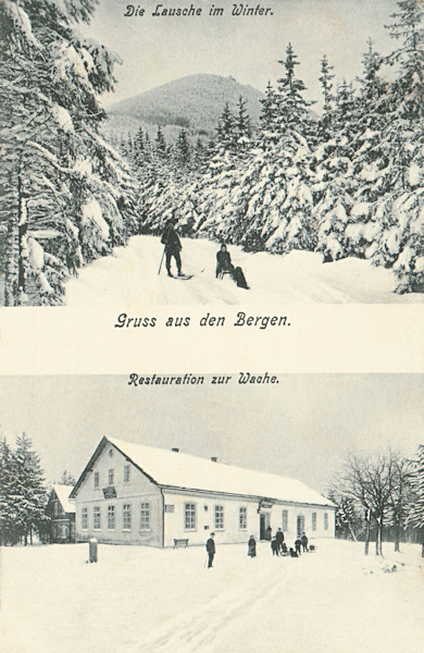 Na této zimní pohlednici vidíme horu Luž a bývalý hostinec na Wache (Zur Wache) z německé strany hranice.