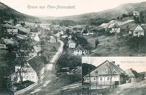 Na této pohlednici vidíme domky v horní části Heřmanic, mezi nimiž stál i Heinrichův hostinec, zachycený ve výřezu dole. Silnice procházející osadou na Babiččin odpočinek a do Krompachu byla vystavěna ve 20. letech 20. století.