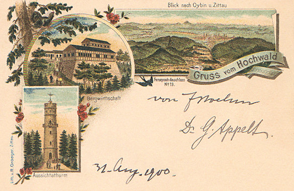 Tato litografie zachycuje hostince s rozhlednou na vrcholu Hvozdu a výhled z rozhledny severním směrem přes Oybin do Německa.
