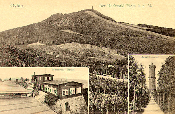 Na pohlednici Hvozdu z roku 1914 je celkový pohled na horu doplněn detaily německé chaty na jižním vrcholu a kamenné rozhledny z roku 1892.