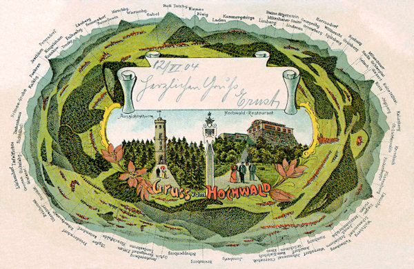 Na této pohlednici vidíme rozhlednu a oba hostince na vrcholu Hvozdu s kruhovým výhledem do okolní krajiny.