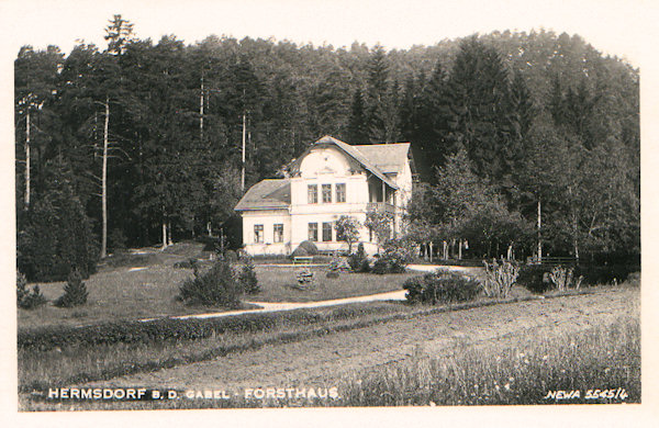 Tato pohlednice zachycuje dodnes stojící hájovnu v osadě Paseka pod Zámeckým vrchem. Budova byla postavena pro správu lesů, patřících k zámku Nový Falkenburk.