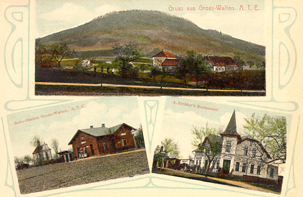 Diese Ansichtskarte aus der Zeit vor dem ersten Weltkrieg zeigt den alten Wirtschaftshof am Südrande der Gemeinde mit dem Tolzberg (Tlustec). Auf den unteren Bildchen sieht man die Eisenbahnhaltestelle und das frühere Richtersche Gasthaus.