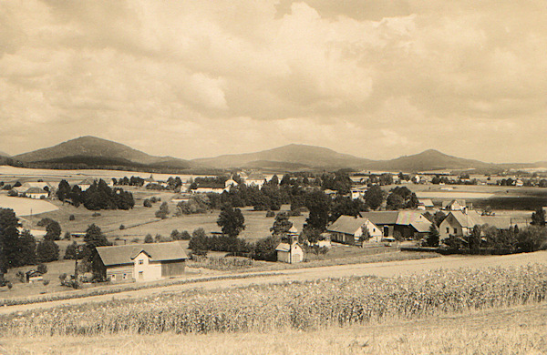 Diese Ansichtskarte zeigt die Gemeinde Tlustce (Tolzbach). Zwischen den Bäumen sieht man die Häuser der Gemeinde Velký Valtinov (Gross Walten) und der Horizont wird (von links) vom Jezevčí vrch (Limberg), Hochwald und Sokol (Falkenberg) abgeschlossen.