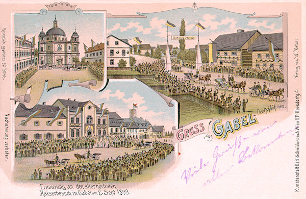 Tato pohlednice připomíná návštěvu císaře Františka Josefa v Jablonném 2. září 1899. Císař město navštívil v průběhu vojenských manévrů, které v krajině kolem Brniště řídil následník trůnu Ferdinand d'Este.