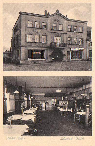 Tato pohlednice představuje hotel „Böhm“, nazývaný dříve „Adler“, jehož budova dodnes stojí na jižní straně náměstí. Dolní obrázek zachycuje interiér restaurace.
