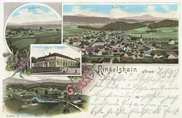Auf dieser Lithographie vom Ende des 19. Jahrhunderts sieht man rechts Rynoltice vom Norden und links seine Ortsteile Černá Louže (oben) und Polesí (unten). Das mittlere Bild zeigt den damaligen Schillers Gasthof.