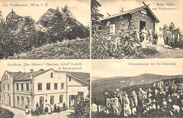 Na pohlednici z roku 1920 vidíme výstavný hostinec „U Švýcarska“ v Dolním Sedle a tři záběry z okolních skal. Nahoře je Popova skála a chatka Hugo Liebsche pod jejím vrcholem, obrázek vpravo dole zachycuje Skalní divadlo, které je dnes již zcela zarostlé lesem.