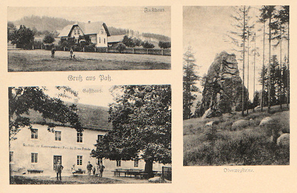 On this picture postcard the old count Clam-Gallas' gamekeeper's lodge and below it the well-known inn „Zur Kammwanderung“ (Mountain ridge wandering path) then owned by Franz Fritsche is shown. After 1945 it had not been re-opened and later the house was demolished. On the pictures to the right there is the rock tower Smrtka of the Horní skály.
