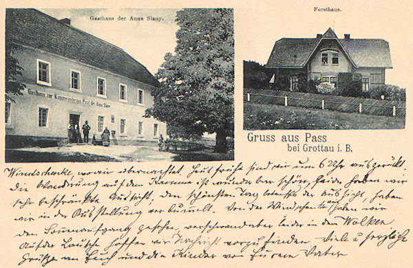 This picture postcard shows the already extinct inn „Zur Kammwanderung“ (Mountain ridge wandering path) which profitted from its place at this popular tourist's path. At the turn of the 19th and 20th century it was owned by Anna Slany. The smaller picture to the right shows the seignorial wood-keeper's lodge from 1900.