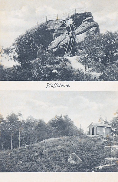 Na pohlednici Popovy skály z roku 1908 vidíme vrcholovou vyhlídku, zpřístupněnou v roce 1907, a o dva roky starší dřevěnou chatku „Hugo-hütte“, pojmenovanou podle Huga Lubische z Lückendorfu.