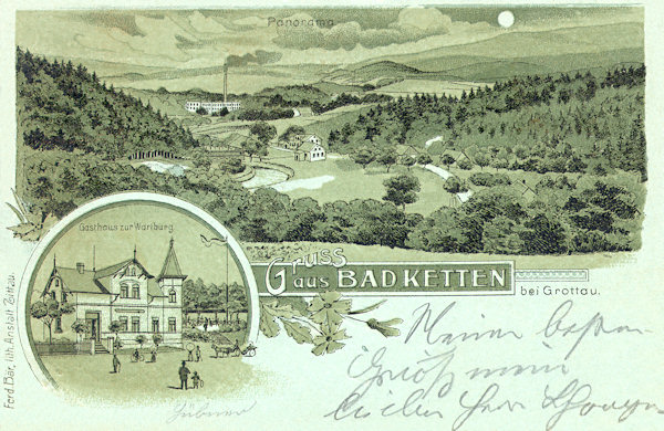 This picture postcard from the end of the 19th century represents the idyllic valley of the Nisa-river near Chotyně. On the lower picture there are the buildings of the sanatorium and the restaurant „Zur Wartburg“ which Anton Habenicht built in 1890 at the local iron-bearing spring. After World War Two the building went to wreck and, finally, was demolished.