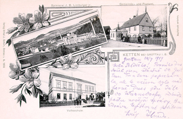 Na pohlednici z roku 1904 vidíme areál přádelen bavlny J. B. Limburgera v údolí Nisy, dole je obecná škola z roku 1880 a vpravo nahoře budova tehdejšího obecního a poštovního úřadu.