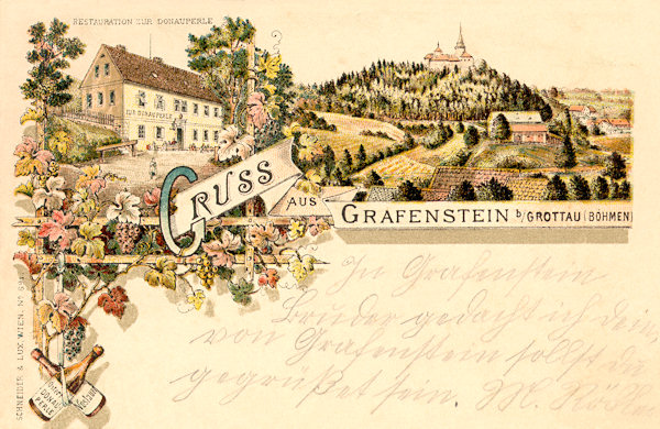 Pohlednice z konce 19. století představuje hrad Grabštejn a kdysi oblíbený hostinec „U perly Dunaje“ (Zur Donauperle), který stál u rybníka pod hradem.