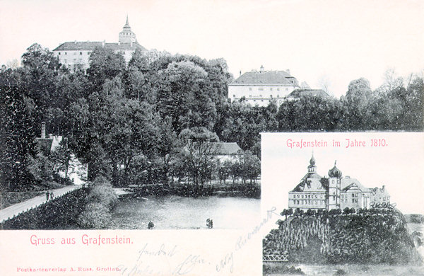 On this picture postcard from the beginnings of the 20th century you see the hill with the castle and palace of Grabštejn. The outcut at the lower right shows the appearance of the castle at about 1810.