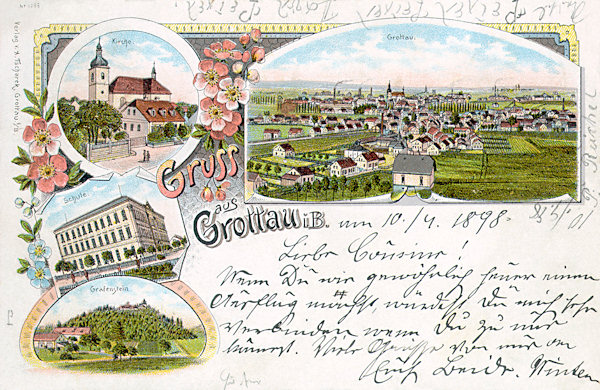 Auf dieser Lithographie vom Ende des 19. Jahrhunderts sieht man die Stadt mit dem Dorf Donín im Vordergrund, auf den Bildern links die St. Bartholomäus-Kirche mit der Pfarre, die Schule am Bahnhof und das nahe Schloss Grabštejn (Grafenstein).