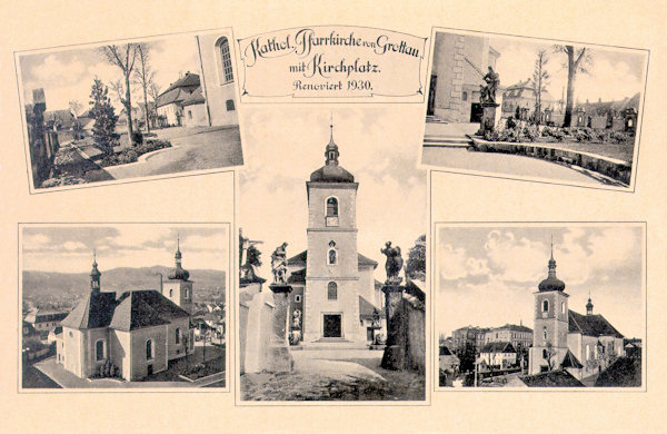 Tato pohlednice zachycuje kostel sv. Bartoloměje s bývalým hřbitovem, jehož prostor byl v roce 1930 parkově upraven.