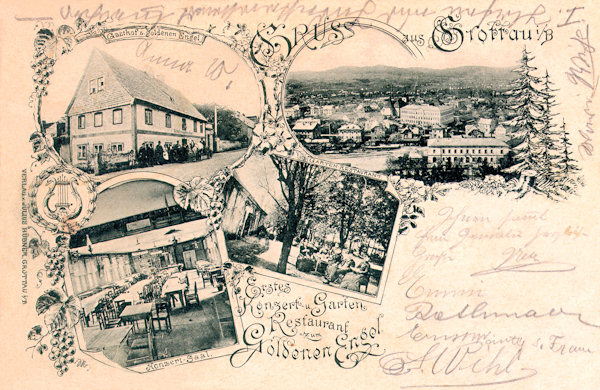 Auf dieser Ansichtskarte vom Ende des 19. Jahrhunderts sieht man das damalige Gasthaus „Zum Goldenen Engel“ in der Ulice 1. máje (Franz Josef-Strasse). Zum Hotel gehörte auch ein Konzertsaal und ein Gartenrestaurant.