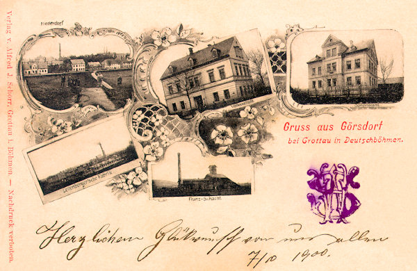 Pohlednice z přelomu 19. a 20. století zachycuje nahoře vlevo dolní část vsi, uprostřed vidíme starou obecnou školu, otevřenou 1. září 1878, a vpravo je budova bývalého obecního úřadu. Na dolních obrázcích je vlevo stará Leitenbergerova textilní továrna z roku 1868 a uprostřed lignitový důl František.